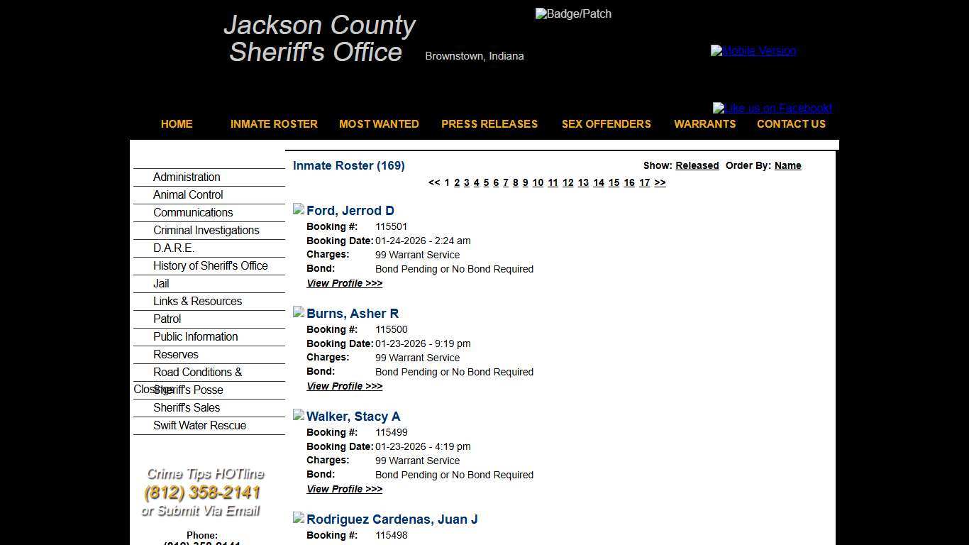 Inmate Roster - Current Inmates Booking Date Descending - Jackson County IN Sheriff